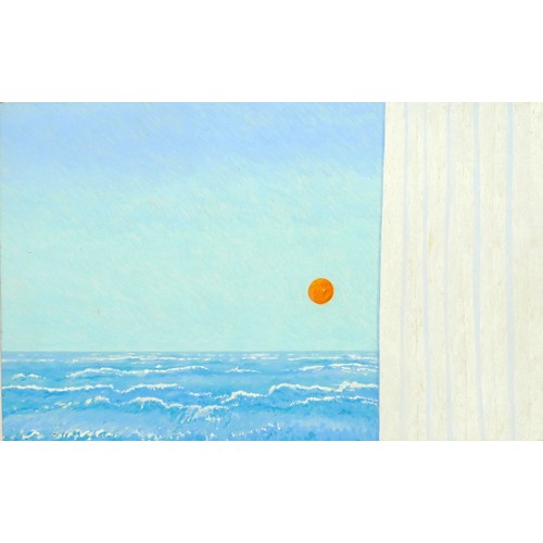 239 - A modern seascape showing the sun above waves, viewed with a white shutter beside, oil on board, uns... 