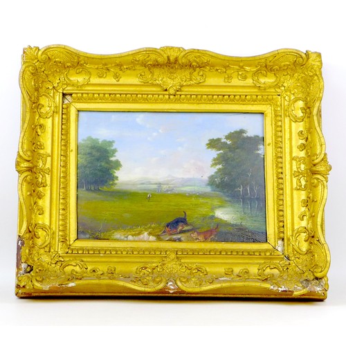 245 - British School (late 19th century): landscape sporting scene with two dogs playing in the foreground... 