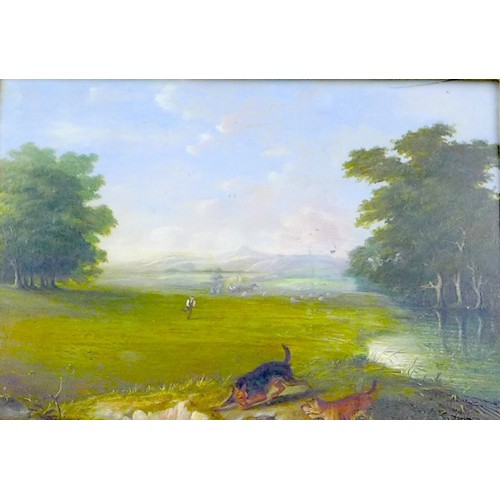 245 - British School (late 19th century): landscape sporting scene with two dogs playing in the foreground... 