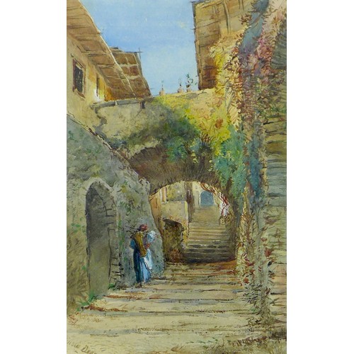 235 - Ainslie H. Bean (British, fl. 1870-1880): a Continental street scene showing a peasant woman walking... 