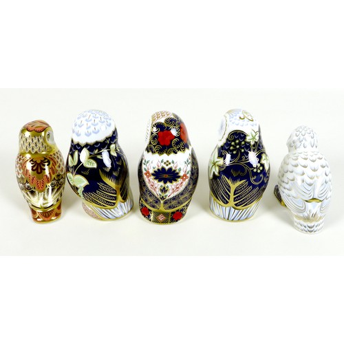 52 - A group of five Royal Crown Derby paperweights, all modelled as birds, comprising 'Twilight Owl', MM... 