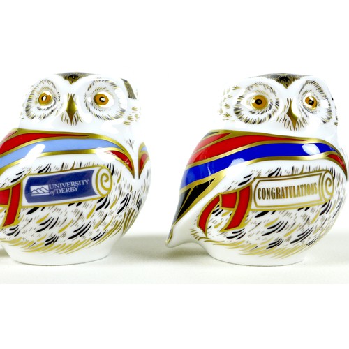 55 - Two Royal Crown Derby paperweights, modelled as 'University of Derby Owl', one of a limited edition ... 