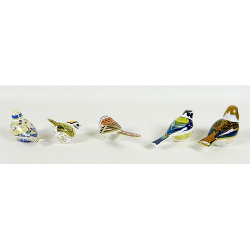 62 - A group of five Royal Crown Derby paperweights, all modelled as birds, comprising 'Hawfinch', MMXIV,... 