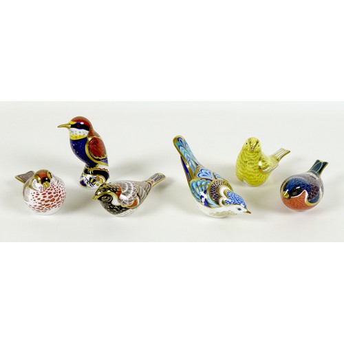 64 - A group of six Royal Crown Derby paperweights, all modelled as birds, comprising 'Bee-eater', MMIII,... 