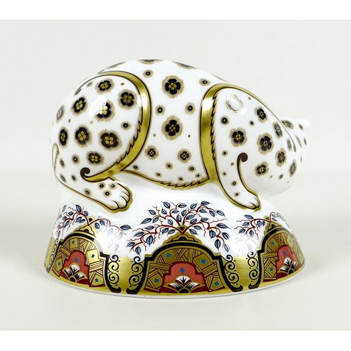 73 - A Royal Crown Derby paperweight, modelled as 'Snow Leopard', MMXII, gold stopper, 12.5cm high, boxed... 