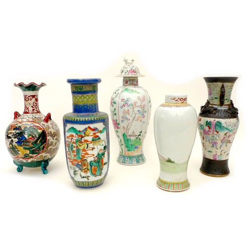 5 - A group of Chinese vases, 20th century, including two baluster form famille rose vases, one with a d... 