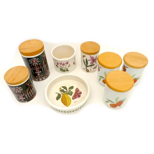 36 - A group of vintage storage pots with wooden lids, comprising two Portmeirion 'Magic City' pattern (l... 
