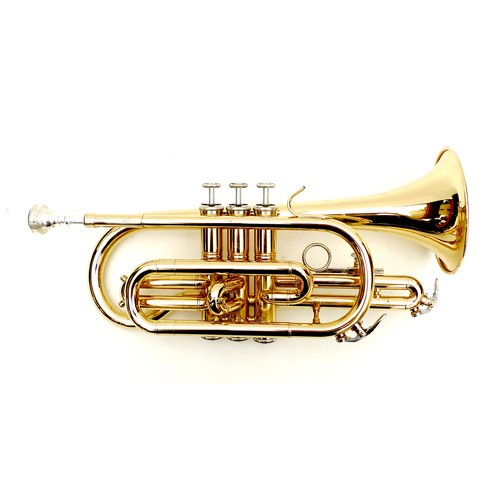 151 - A Sonata cornet, with mother of pearl buttons, 38cm long, in fitted black case, 40 by 30 by 16cm hig... 