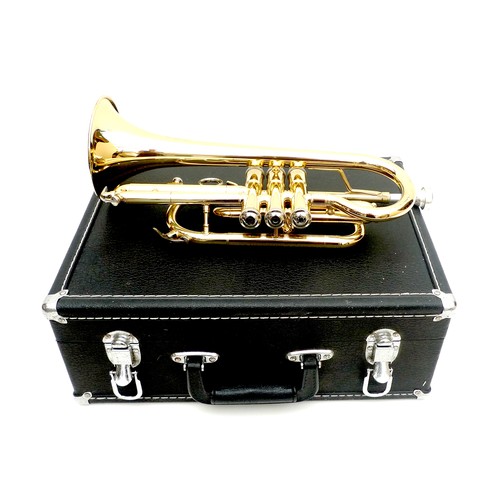 151 - A Sonata cornet, with mother of pearl buttons, 38cm long, in fitted black case, 40 by 30 by 16cm hig... 