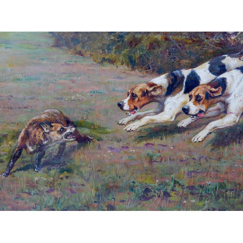 198 - Arthur Charles Dodd (British, fl. 1878-1890): a hunting scene, depicting hounds following a fox, sig... 