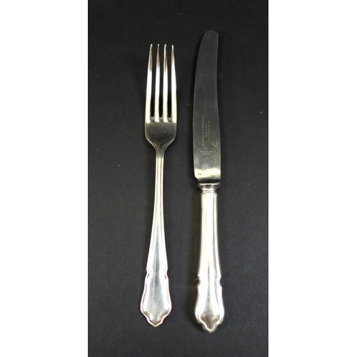 8 - A suite of silver plated cutlery, Dubarry pattern, including eleven table forks, 21cm long, nine tab... 