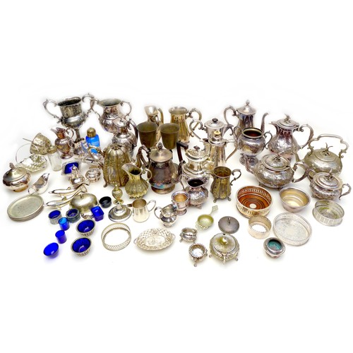 5 - A collection of silver plated items, including two twin handled trophies, one with a blank cartouche... 