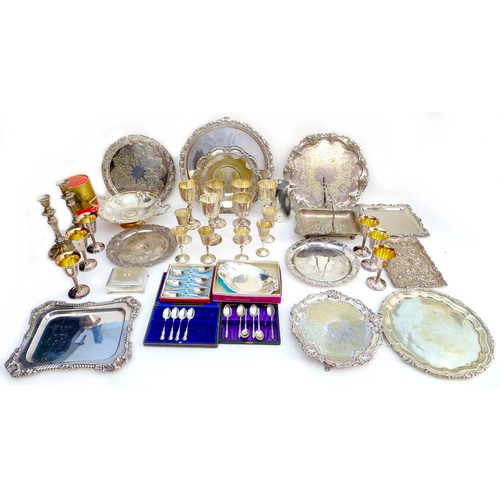 6 - A collection of silver plated items, including a silver plated cigarette box, with presentation insc... 