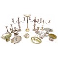 A collection of silver plated items, including a silver plated ashtray stand, 23 by 53cm high, five ... 