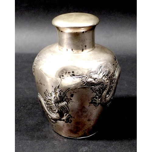 24 - A Chinese silver tea caddy, by Luen Wo, Shanghai, circa 1880, of ovoid form repousse decorated with ... 