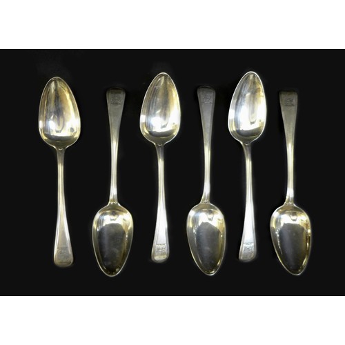 82 - A set of six George III silver table spoons, Old English Thread pattern, the terminals engraved with... 