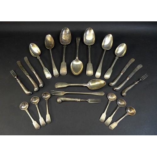 47 - A selection of Georgian and later silver and silver plated cutlery, including a set of six fiddle pa... 