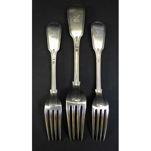 78 - A part set of William IV silver cutlery in threaded fiddle pattern, all the terminals engraved with ... 