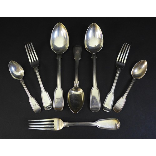 78 - A part set of William IV silver cutlery in threaded fiddle pattern, all the terminals engraved with ... 