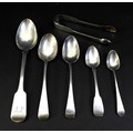 A group of Georgian and later silver flatware, comprising a George III silver fiddleback pattern, ta... 