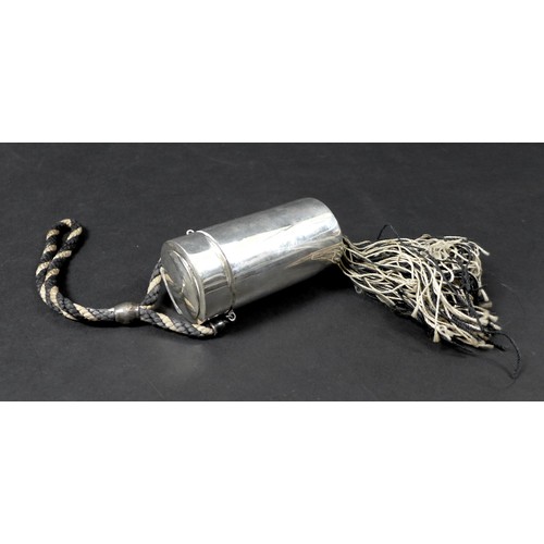23 - An Edwardian silver travelling communion set, the cylindrical body split into two compartments, the ... 