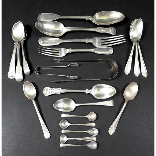 89 - A collection of Georgian and later silver cutlery, including a threaded fiddle pattern serving spoon... 