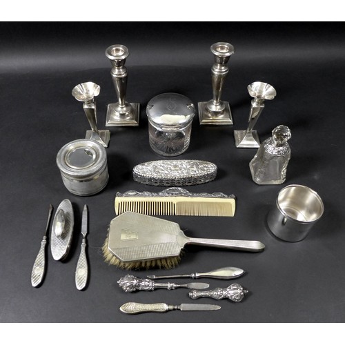 30 - A collection of silver dressing table items, including a cylindrical glass dressing table pot, the s... 