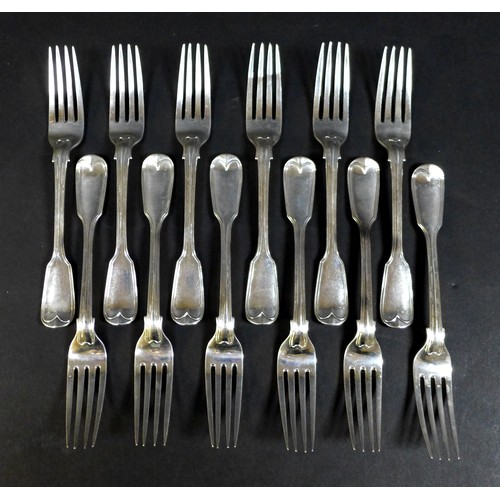 85 - A set of twelve Victorian silver dessert forks, fiddle and thread pattern, terminal backs engraved w... 