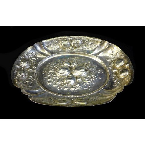 51 - A 19th continental silver fruit dish of oval form, decorated with repousse fruit, stamped '800', 11.... 