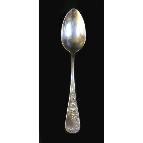 38 - A cased set of American early 20th century silver teaspoons, with bright cut decorated handles, engr... 