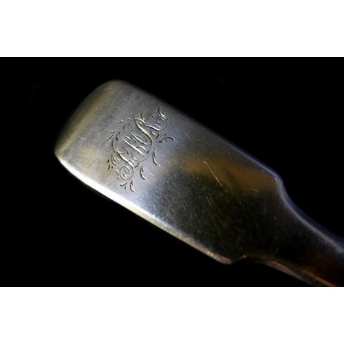 16 - A George III silver fiddle back pattern table spoon, with engraved monogram to finial, George Turner... 