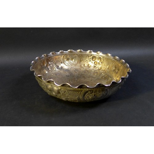 66 - A 19th century continental white metal bowl, with repousse floral decoration throughout, 14.4toz, 22... 