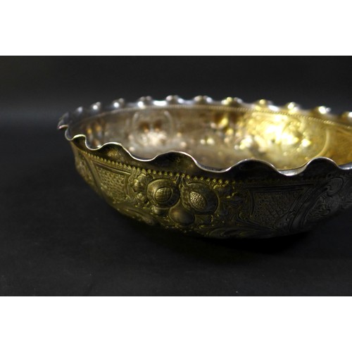 66 - A 19th century continental white metal bowl, with repousse floral decoration throughout, 14.4toz, 22... 