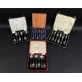 Four cased sets of George V and later silver flatware, comprising two cased sets of six cake forks, ... 