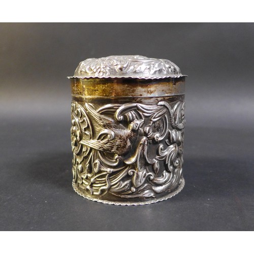 18 - A Victorian silver lidded pot, of cylindrical form, with a engraved monogram 'H E' to its cartouche ... 
