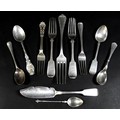 A collection of Victorian and later silver flatware, including fiddle pattern dessert forks, William... 