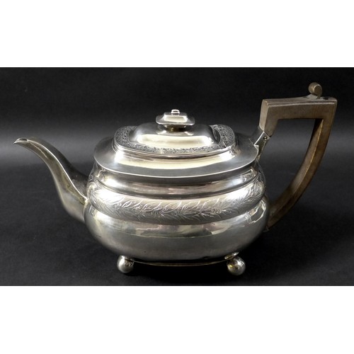 91 - A George III silver teapot, of London shape with decorative leaf border, hinged cover with finial, e... 