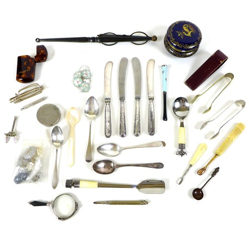 26 - A mixed collection of silver and other items, including four George III and later silver spoons, a C... 