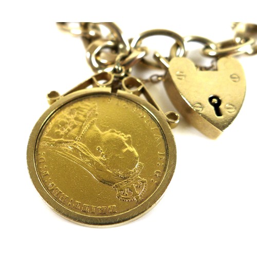 244 - A 9ct gold kerb link bracelet, with padlock clasp and safety chain, attached pendant in 9ct gold mou... 