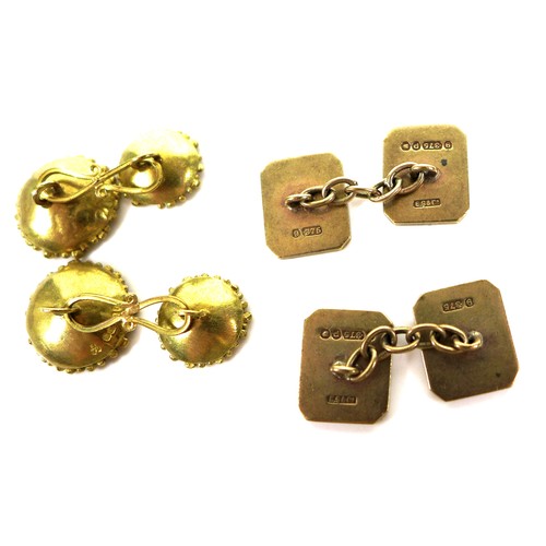 227 - Two pairs of gold cuff links, one pair 18ct gold, concave form with beaded rims, hallmarked, 4.9g, t... 