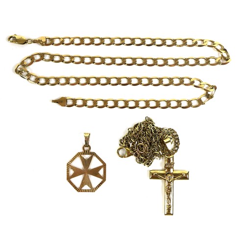 222 - A 9ct gold flat curb link neck chain, 46cm long, with Maltese cross pendant, and a fine flat curb li... 