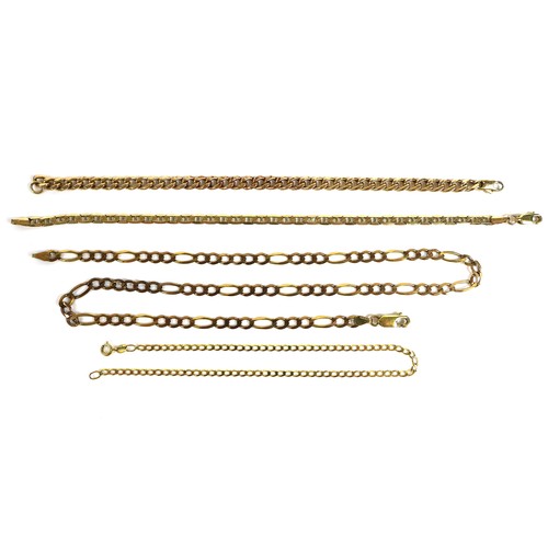 221 - A group of four 9ct gold chains, comprising a curb link bracelet, 17.5cm, and an anchor link bracele... 