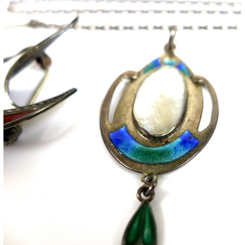 145 - An Art Nouveau silver, enamel and mother of pearl pendant, James Fenton & Co, Birmingham 1908, 56.8 ... 