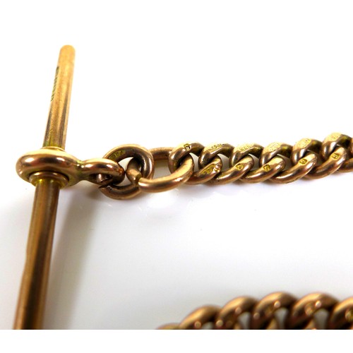 224 - A Victorian 9ct rose gold Albert fob chain, conventional lobster clasp to one end and T bar to the o... 