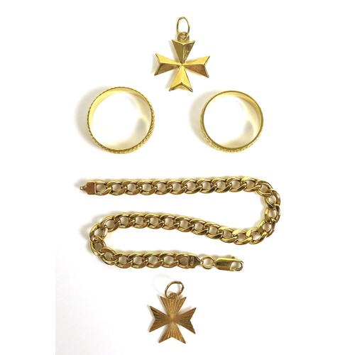 238 - A group of 18ct gold jewellery, comprising two Maltese cross pendants, two textured wedding bands, s... 