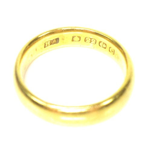 235 - A 22ct gold wedding band, size L, 6.6g, together with an 18ct gold wedding band, with 9ct gold ring ... 