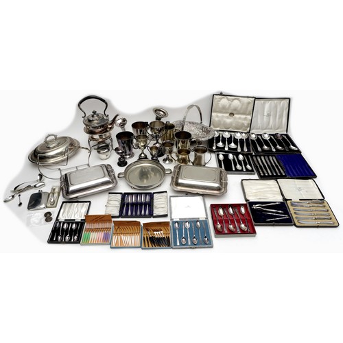3 - A quantity of silver plated items, including a cased set of six silver handled butter knives, Alfred... 