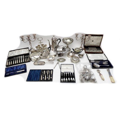 9 - A quantity of silver plated items, including a pair of twin branch candelabras, each 27.5 by 9 by 28... 