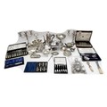 A quantity of silver plated items, including a pair of twin branch candelabras, each 27.5 by 9 by 28... 