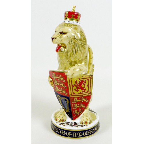 A Royal Crown Derby paperweight, modelled as 'The Queen's Beasts The Lion of England', To celebrate the Diamond Jubilee of the H M Queen Elizabeth II 1952-2012, a limited edition of 250, 139/250, gold stopper, MMXII, 22cm high, with certificate, in white satin lined presentation box.